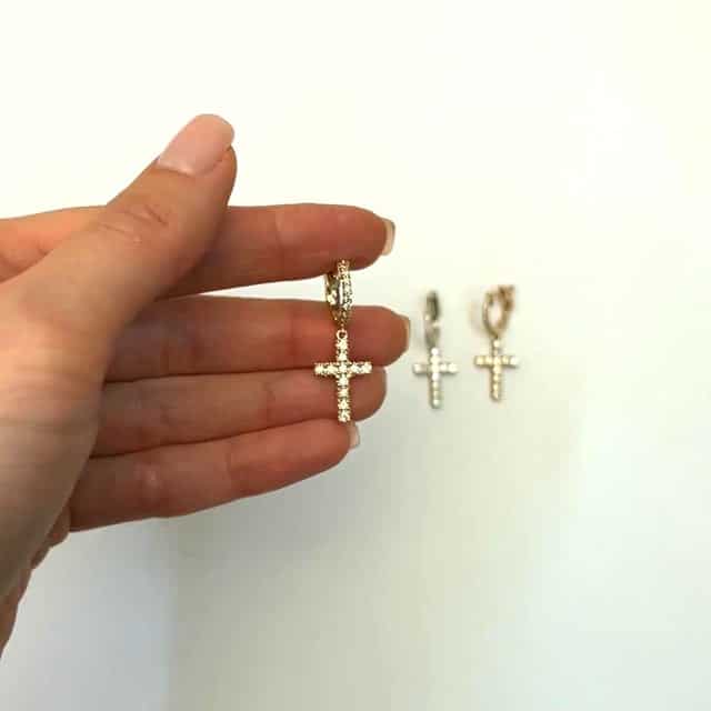 0.45CTW Natural Diamond 14K Gold Dangling Cross Hoop Earring 30mm Single Earring - WJD Exclusives