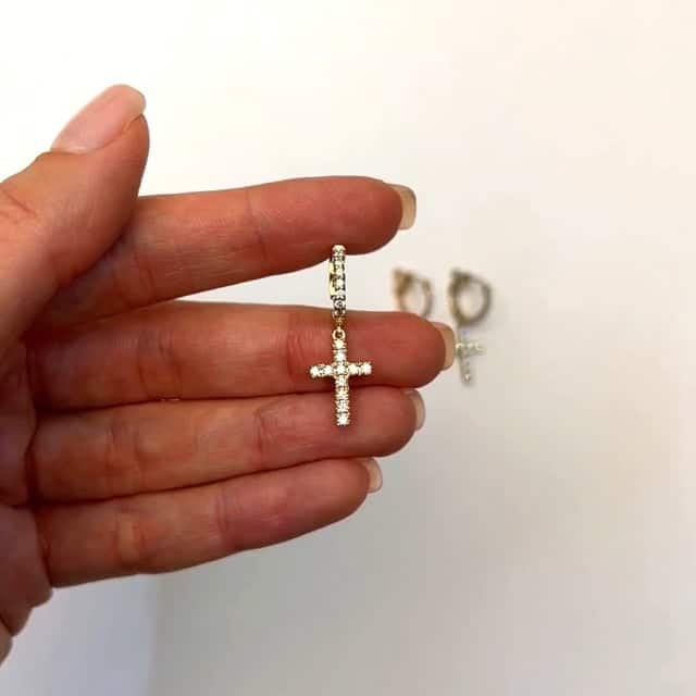 0.33CTW Natural Diamond 14K Gold Dangling Cross Hoop Single Earring 28mm - WJD Exclusives