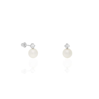 14k White Gold Freshwater Pearl .20Ct CZ Screw Back Stud Earrings