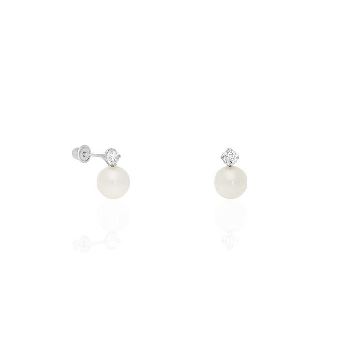 14k White Gold Freshwater Pearl .20Ct CZ Screw Back Stud Earrings