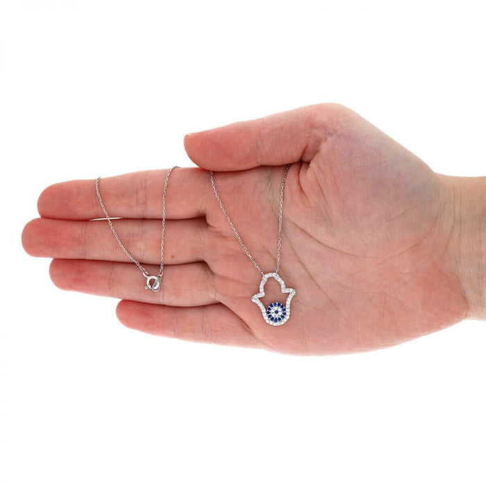White Gold Over Sterling Silver CZ Evil Eye Hamsa Necklace 18"
