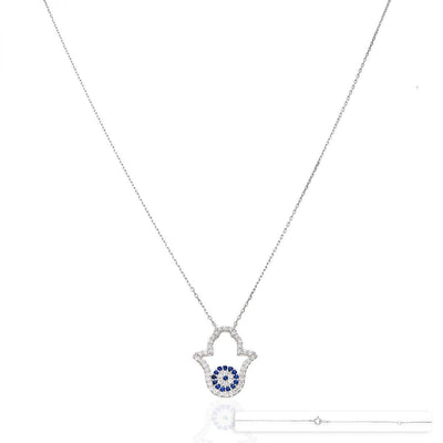 White Gold Over Sterling Silver CZ Evil Eye Hamsa Necklace 18"
