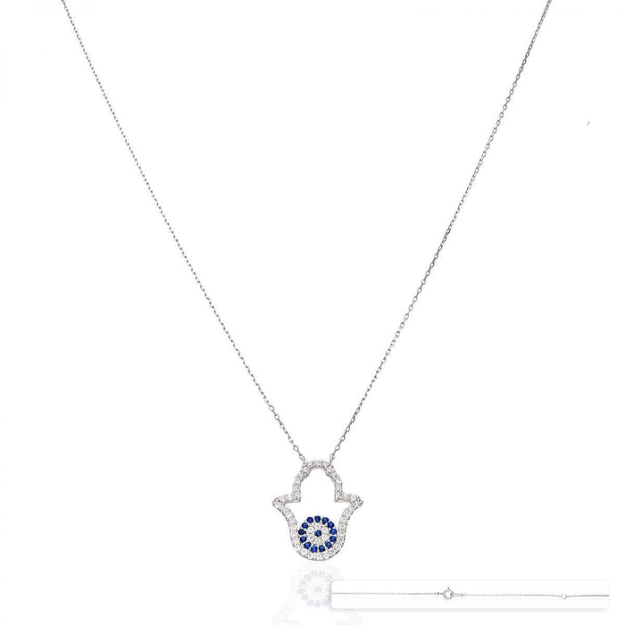 White Gold Over Sterling Silver CZ Evil Eye Hamsa Necklace 18"