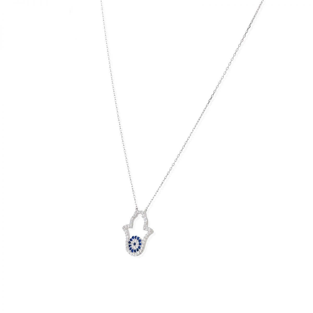 White Gold Over Sterling Silver CZ Evil Eye Hamsa Necklace 18"