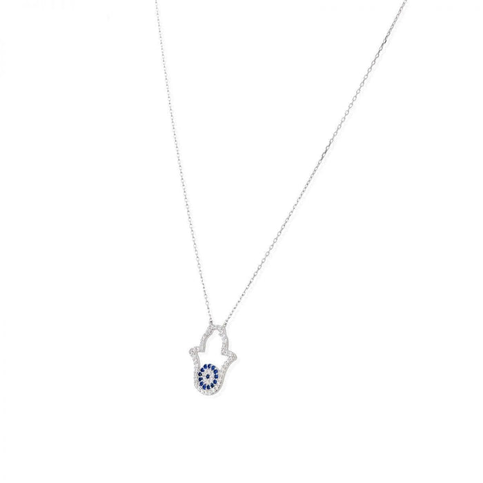 White Gold Over Sterling Silver CZ Evil Eye Hamsa Necklace 18"