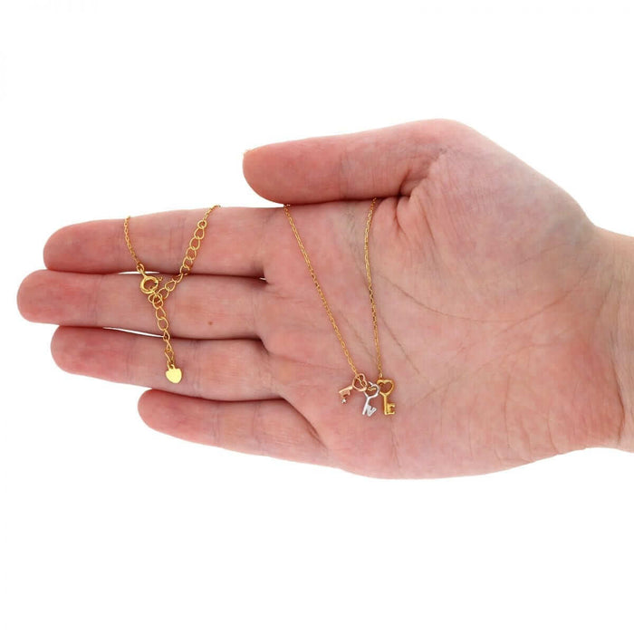 Tri-Color Over Sterling Silver Heart Key Love Cable Necklace 18"