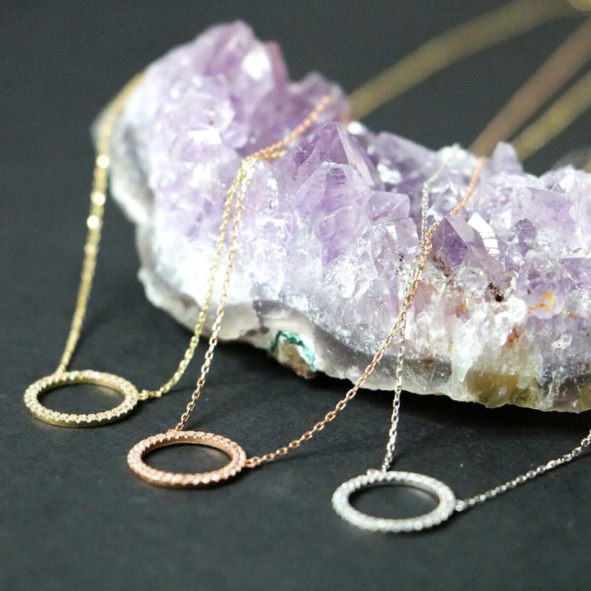 14k Yellow White Rose Gold Circle Of Love CZ Necklace 16"-18" Adj.