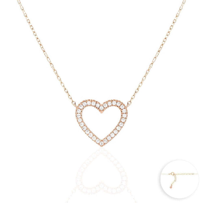 14K Rose Gold 1.30Ct CZ Open Heart Necklace 16"-18" Adjustable