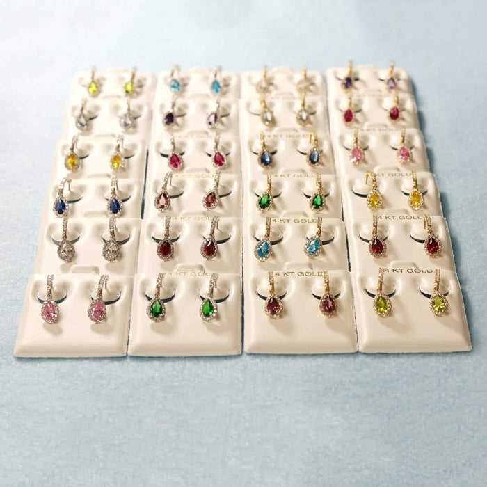 14k Yellow White Gold Birthstone Teardrop Diamond Halo Earrings 1"