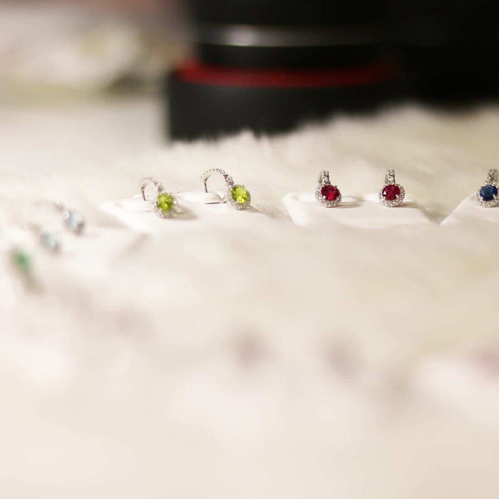 14k Yellow Gold White Gold Round Birthstone Diamond Halo Earrings 1"