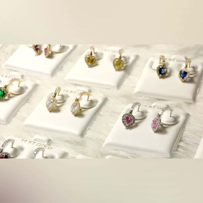 14k Yellow Gold White Gold Heart Birthstone Diamond Halo Earrings 1"