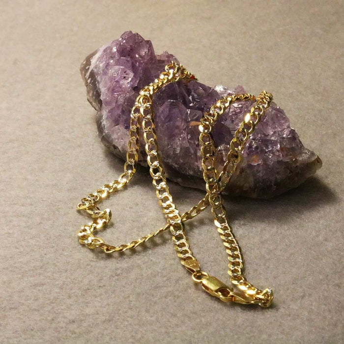 14K Gold Over Silver 4mm Diamond-Cut Pave Cuban Curb Chain (Solid Links) 18"-30"