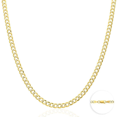 14K Gold Over Silver 4mm Diamond-Cut Pave Cuban Curb Chain (Solid Links) 18"-30"