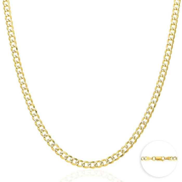 14K Gold Over Silver 4mm Diamond-Cut Pave Cuban Curb Chain (Solid Links) 18"-30"