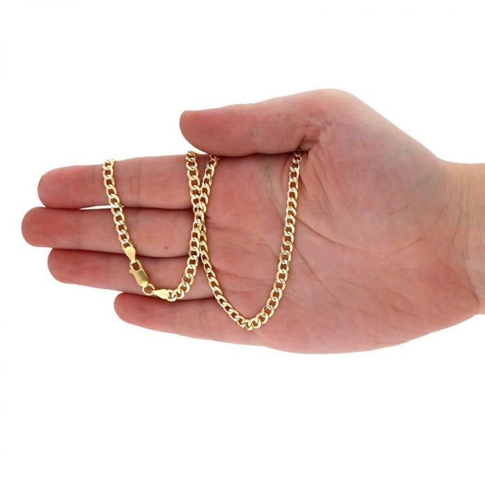 14K Gold Over Silver 4mm Diamond-Cut Pave Cuban Curb Chain (Solid Links) 18"-30"