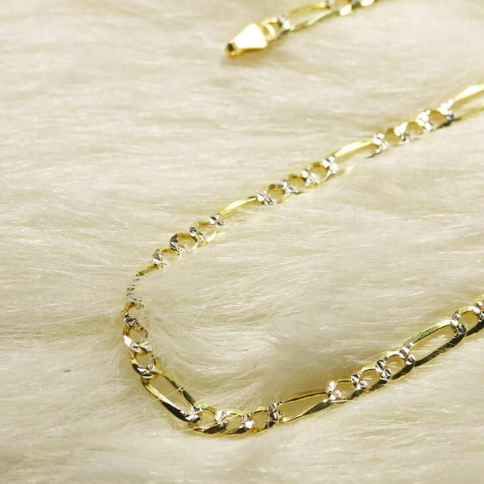 14K Gold Over Silver 4mm Diamond-Cut Pave Figaro Chain (Solid Links) 18"-30"