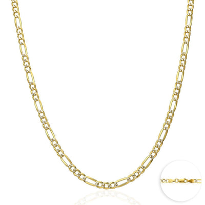 14K Gold Over Silver 4mm Diamond-Cut Pave Figaro Chain (Solid Links) 18"-30"
