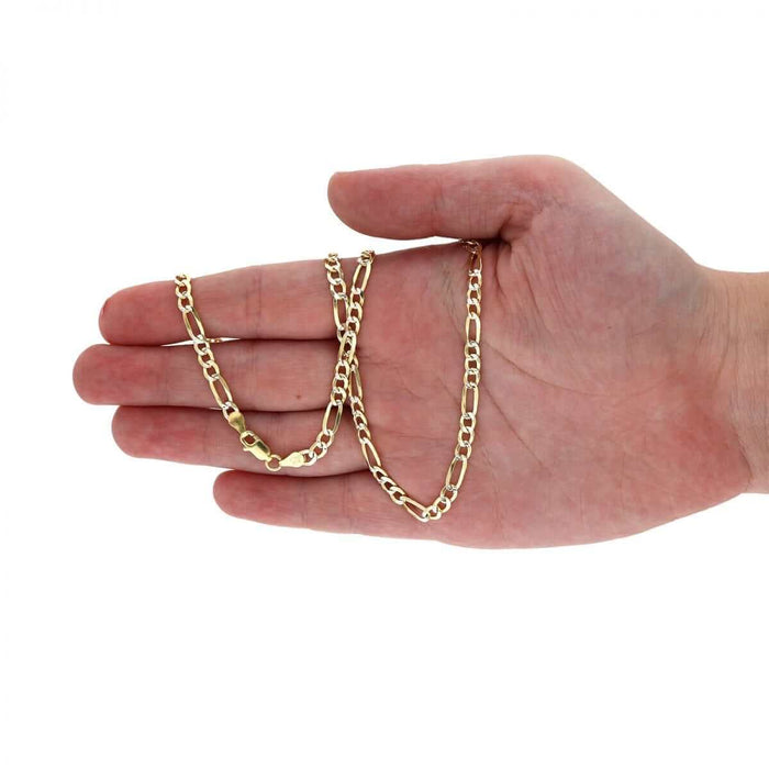 14K Gold Over Silver 4mm Diamond-Cut Pave Figaro Chain (Solid Links) 18"-30"