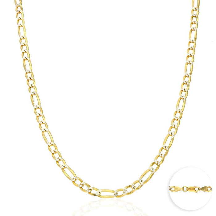 14K Gold Over Silver 4.8mm Diamond-Cut Pave Figaro Chain (Solid Links) 18"-30"