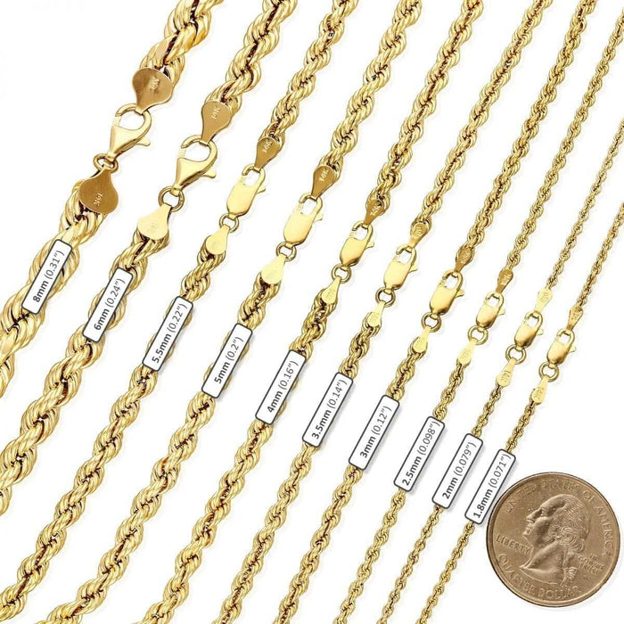 14k Yellow Gold 1.8mm-8mm Rope Chain (Hollow) 16"-30"