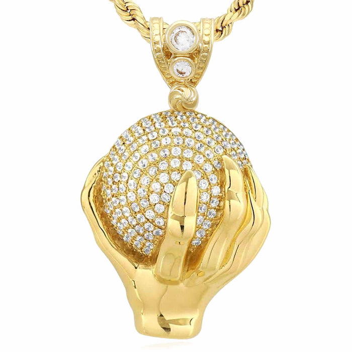 14K Yellow Gold 5Ct CZ World Globe Hand Pendant 1.6"