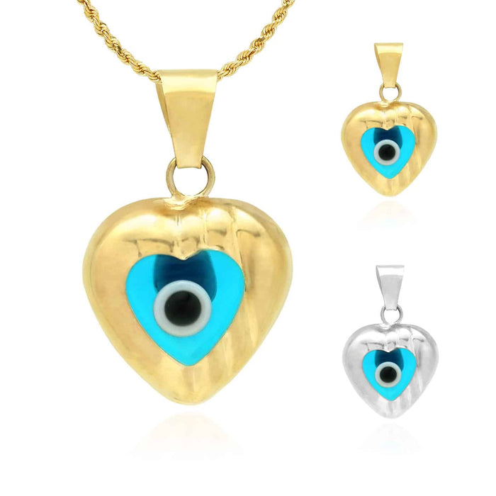 14K Gold Gold Yellow, White Heart Good Luck Evil Eye Pendant 0.6"