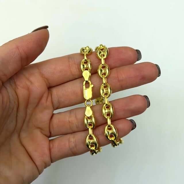 18K Yellow Gold Over Silver 8mm Puffed Anchor Mariner Chain (Solid Links) 16" - 24" - WJD Exclusives