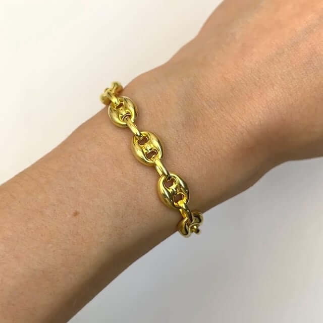 18K Yellow Gold Over Silver 9mm Puffed Anchor Mariner Bracelet (Solid Links) 7.5" - 9.25" - WJD Exclusives