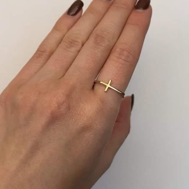 14K Real Gold Yellow Sideways Cross Ring
