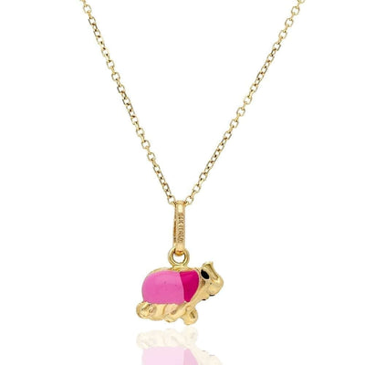 14k Yellow Gold Pink Enamel Elephant Pendant 1mm Cable Chain 16" 18"