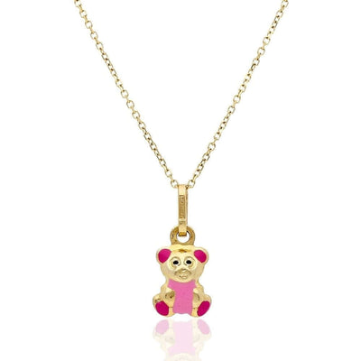 14k Yellow Gold Pink Enamel Teddy Bear Pendant 1mm Cable Chain 16" 18"