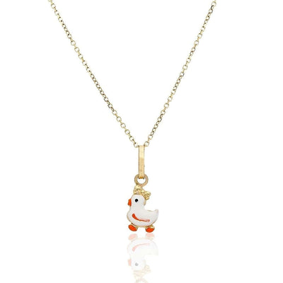 14k Yellow Gold White Enamel Duck Pendant 1mm Cable Chain 16-18"