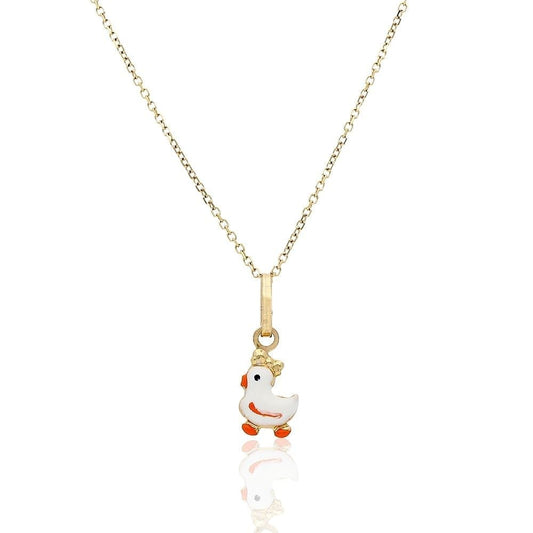 14k Yellow Gold White Enamel Duck Pendant 1mm Cable Chain Necklace 16-18"