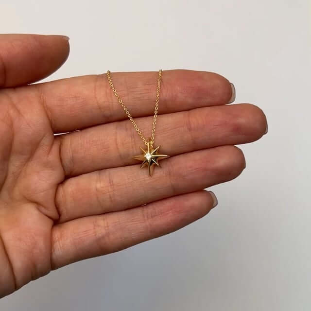0.03CT Natural Diamond 14K Yellow Gold North Star Necklace (Solid Links) Adjustable 16"-18"
