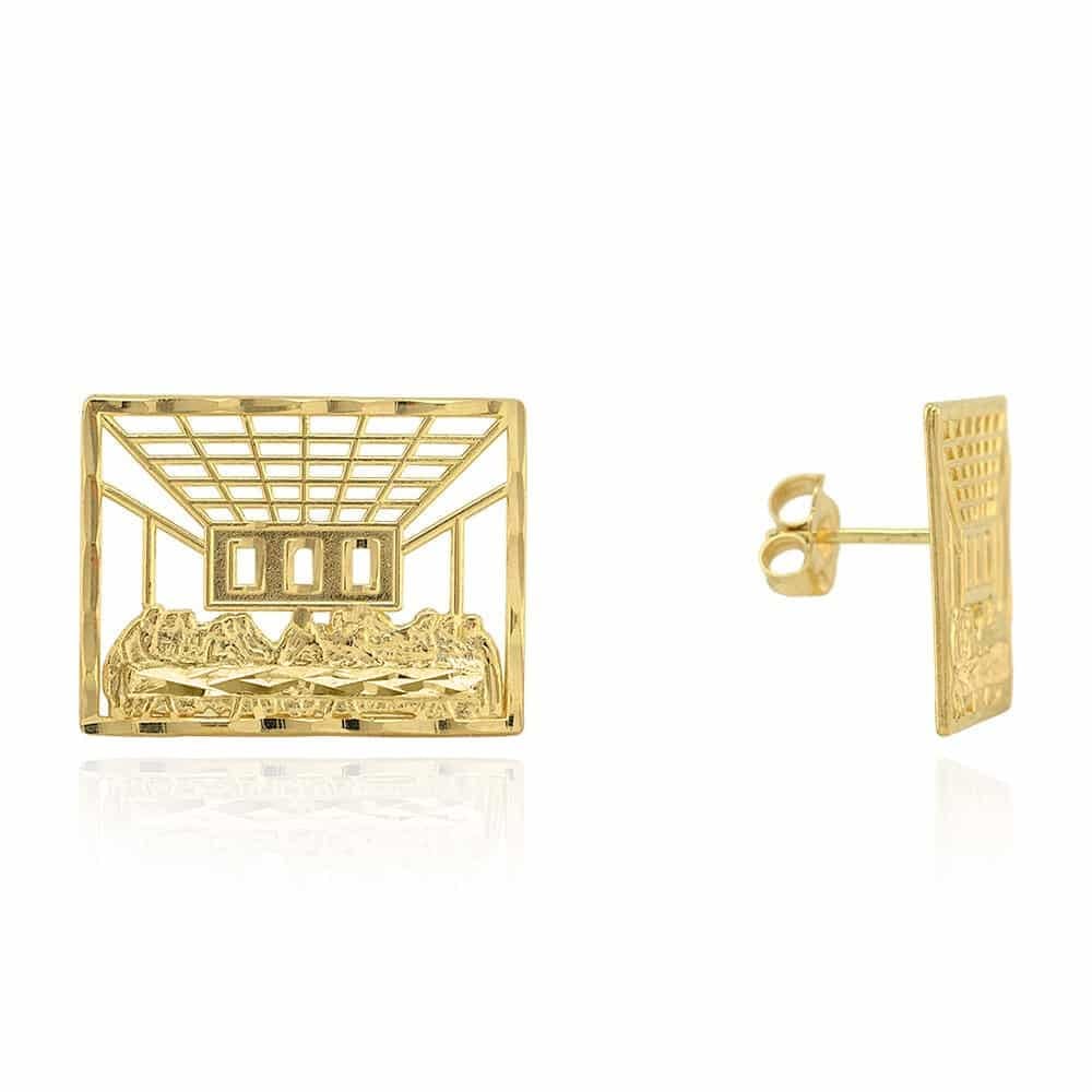 10k Yellow & White Gold Round Diamond Cut The Last Supper Pushback Stud earrings