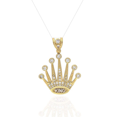 10K Yellow Gold CZ King Crown Pendant 1.6"-1.85"