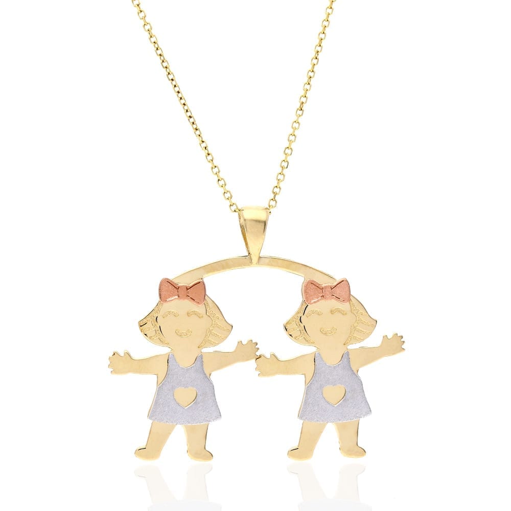 14k Tri-Color Gold Twin Girls Pendant Cable Chain Necklace 16"-18"