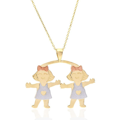 14k Tri-Color Gold Twin Girls Pendant Cable Chain Necklace 16"-18"