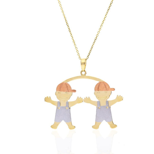 14k Tri-Color Gold Twin Boys Pendant Cable Chain Necklace 16"-18"