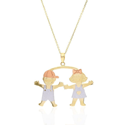 14k Tri-Color Gold Boy Girl Twins Textured Pendant Cable Chain Necklace 16-18"