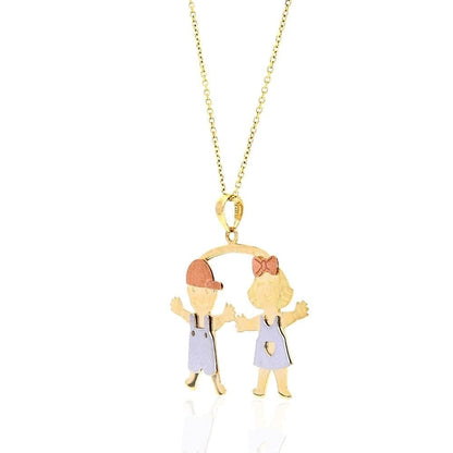 14k Tri-Color Gold Boy Girl Twins Textured Pendant Cable Chain Necklace 16-18"