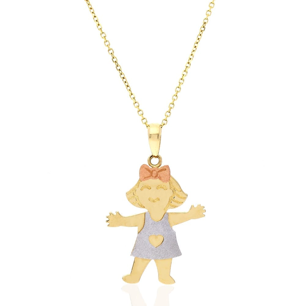 14k Tri-Color Gold Textured Girl Kid's Pendant Cable Chain Necklace 16-18"