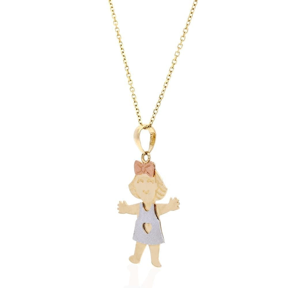 14k Tri-Color Gold Textured Girl Kid's Pendant Cable Chain Necklace 16-18"