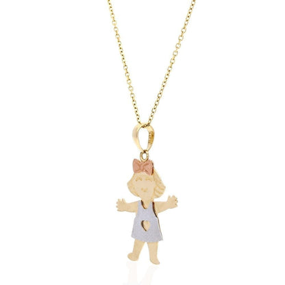 14k Tri-Color Gold Textured Girl Kid's Pendant Cable Chain Necklace 16-18"