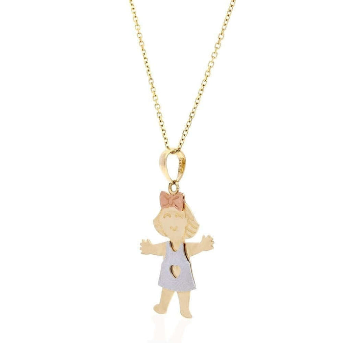 14k Tri-Color Gold Textured Girl KidsPendant Cable Chain 16-18"