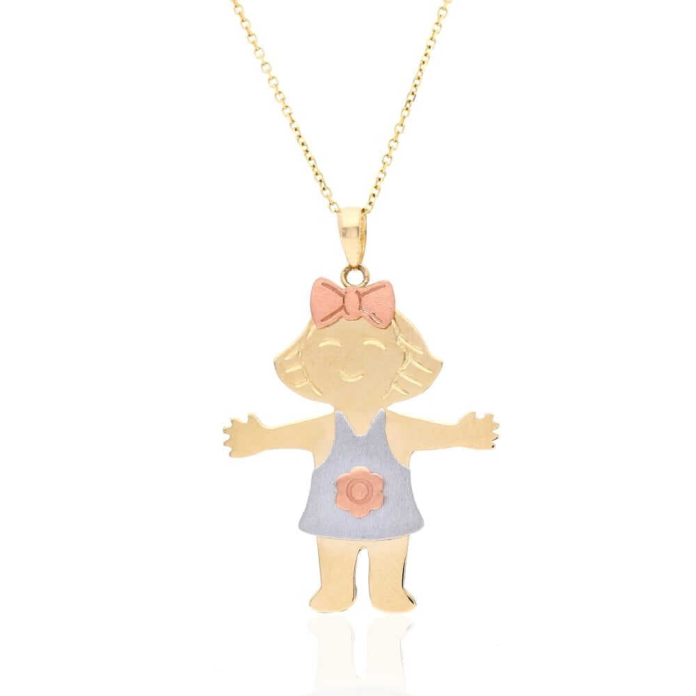 14k Tri-Color Gold Textured Girl KidsPendant Cable Chain Necklace 16"-18"