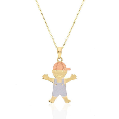 14k Tri-Color Gold Textured Boy KidsPendant Cable Chain 16"-18"