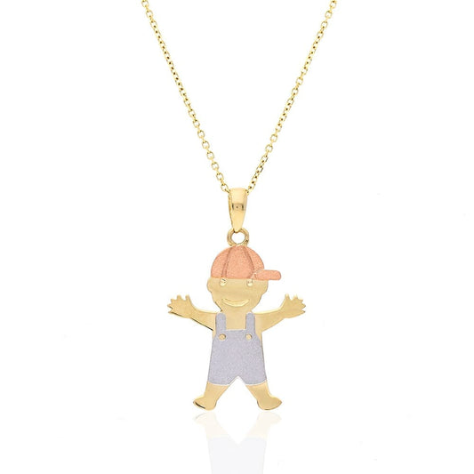 14k Tri-Color Gold Textured Boy Kid's Pendant Cable Chain Necklace 16"-18"