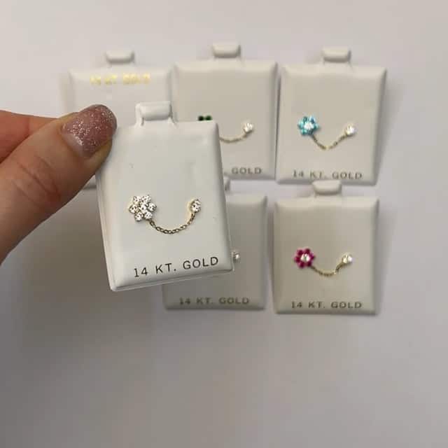 14K Real Gold CZ Double Pierced Flower Stud Earrings