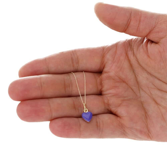 14k Yellow Gold Purple Enamel Heart Pendant 1mm Cable Chain Necklace 16"-18"